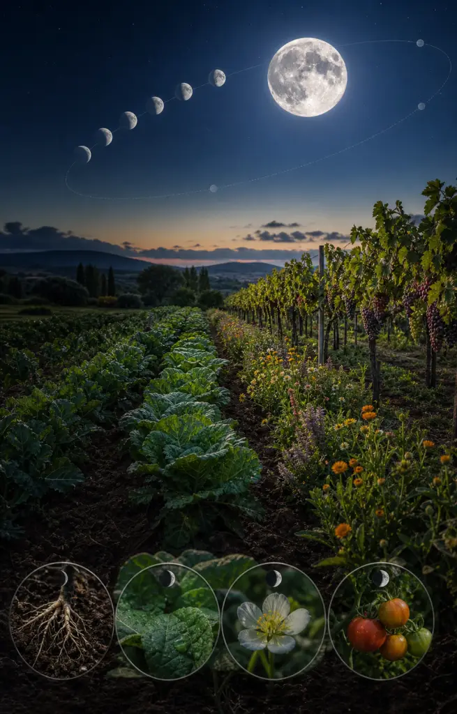 Raiz, hoja, flor y fruto con fases lunares para calendario biodinamico agricola
