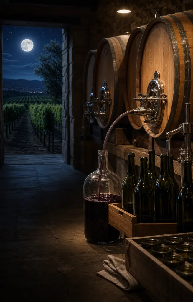 Bodega con barricas, trasiego y embotellado bajo luna para calendario de vino