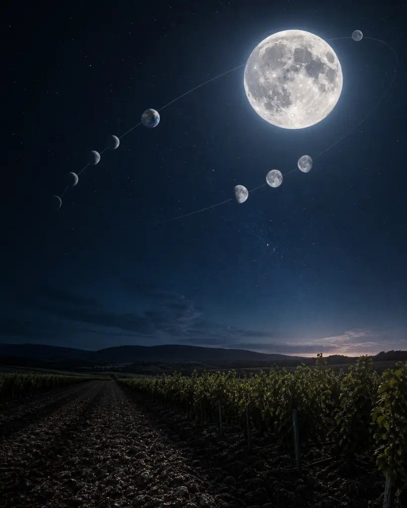 Luna llena, fases y órbita lunar sobre viñedo para calendario lunar agrícola