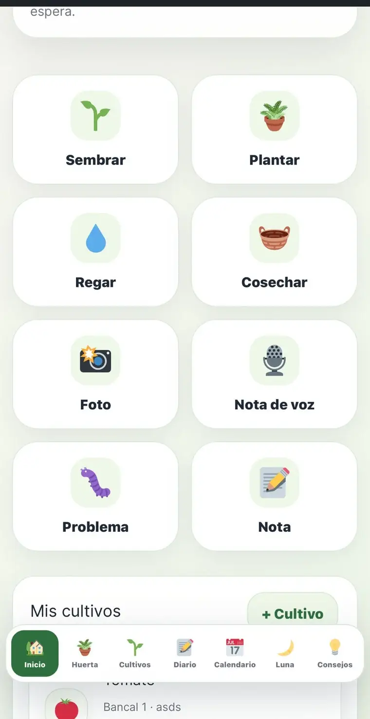 Acciones rápidas de Mi Huerta para sembrar, plantar, regar, cosechar, hacer fotos, grabar voz, indicar problemas y tomar notas