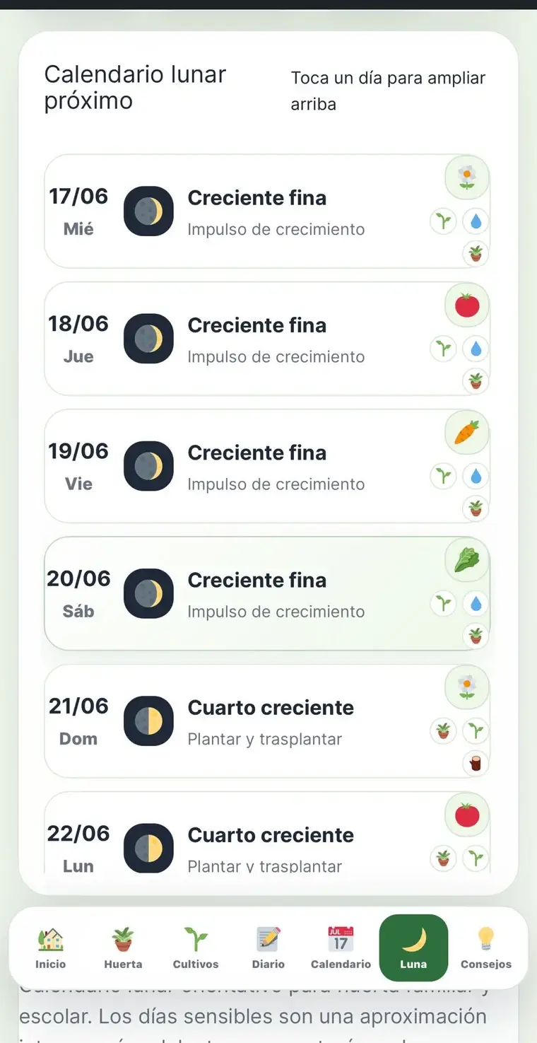 Listado de calendario lunar próximo dentro de Mi Huerta