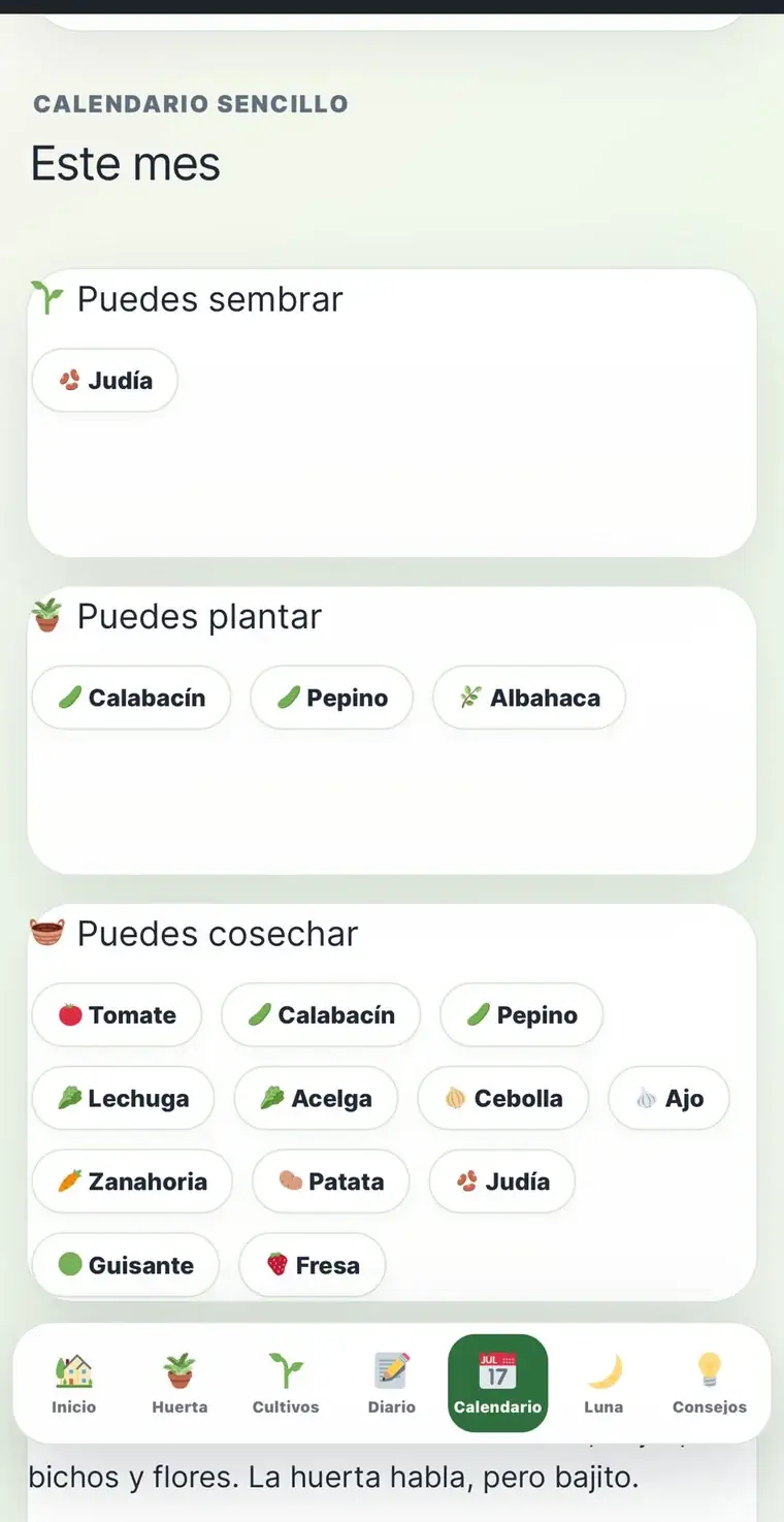 Calendario mensual sencillo de Mi Huerta con cultivos recomendados