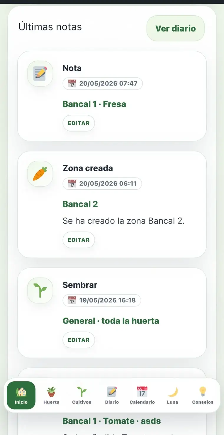 Diario de notas y tareas registradas en Mi Huerta