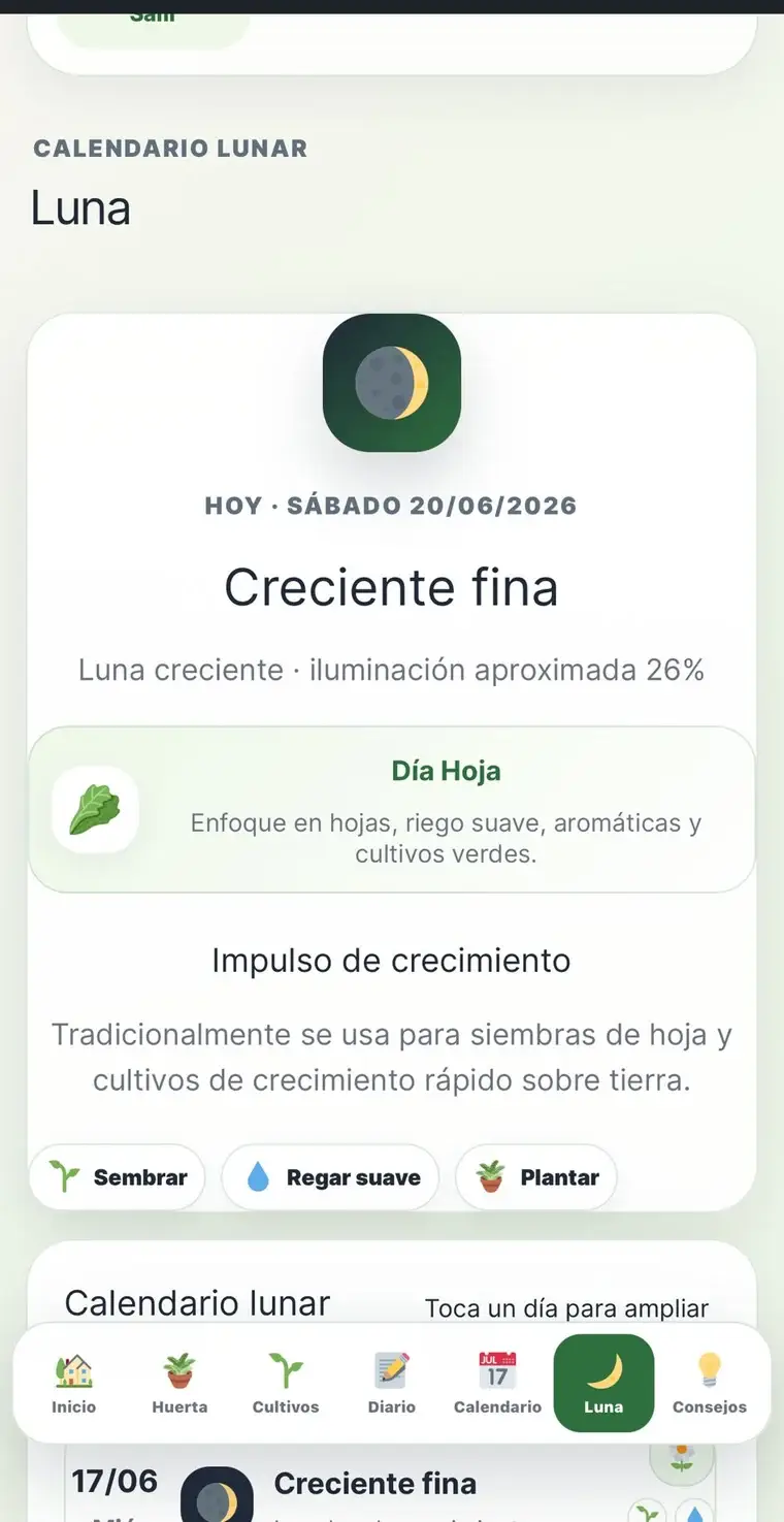 Detalle de luna y recomendaciones de cultivo en Mi Huerta