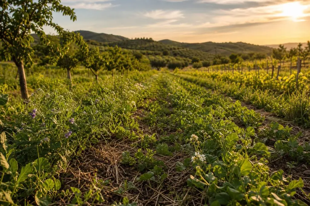 Cubierta vegetal en cultivo mediterraneo gestionado con agricultura regenerativa