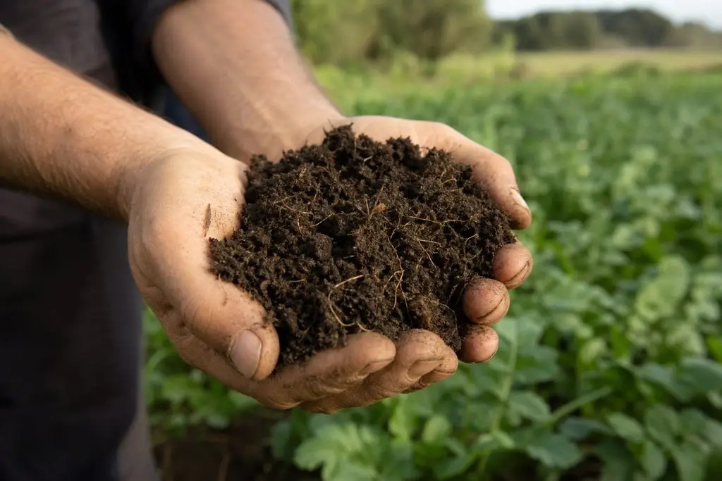 Suelo vivo con raices y materia organica en manos
