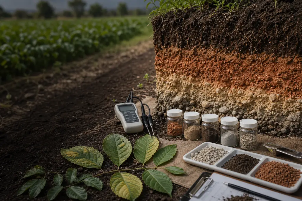 Perfil de suelo, muestras minerales y hojas para interpretacion nutricional