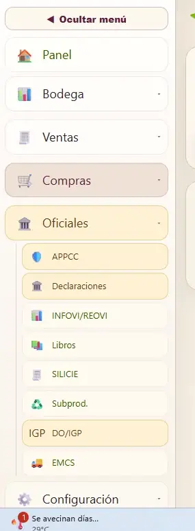 Men&uacute; de oficiales en el Cuaderno de Bodega